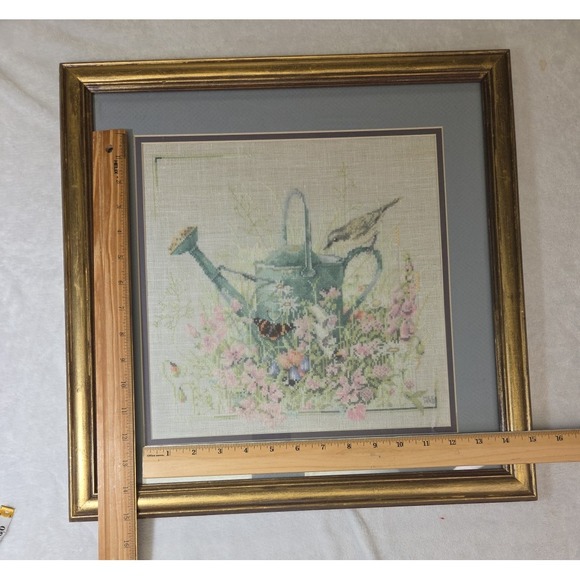 VTG 1998 Completed Needlepoint Custom Framed Bird Flowers Embroidery 18x18 - Picture 7 of 14